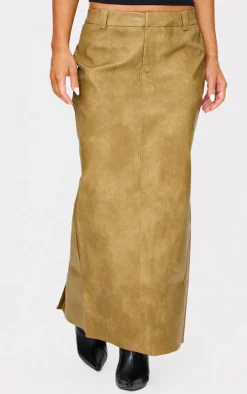 Premium Olive Washed Faux Leather Maxi Skirt