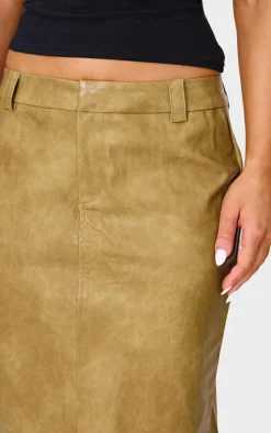 Premium Olive Washed Faux Leather Maxi Skirt