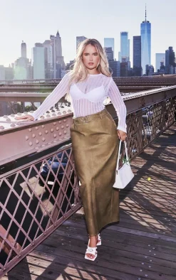 Premium Olive Washed Faux Leather Belted Maxi Skirt