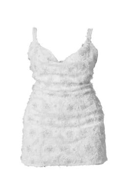 Premium Plus White Sequin Embroidered Cowl Neck Shift Dress