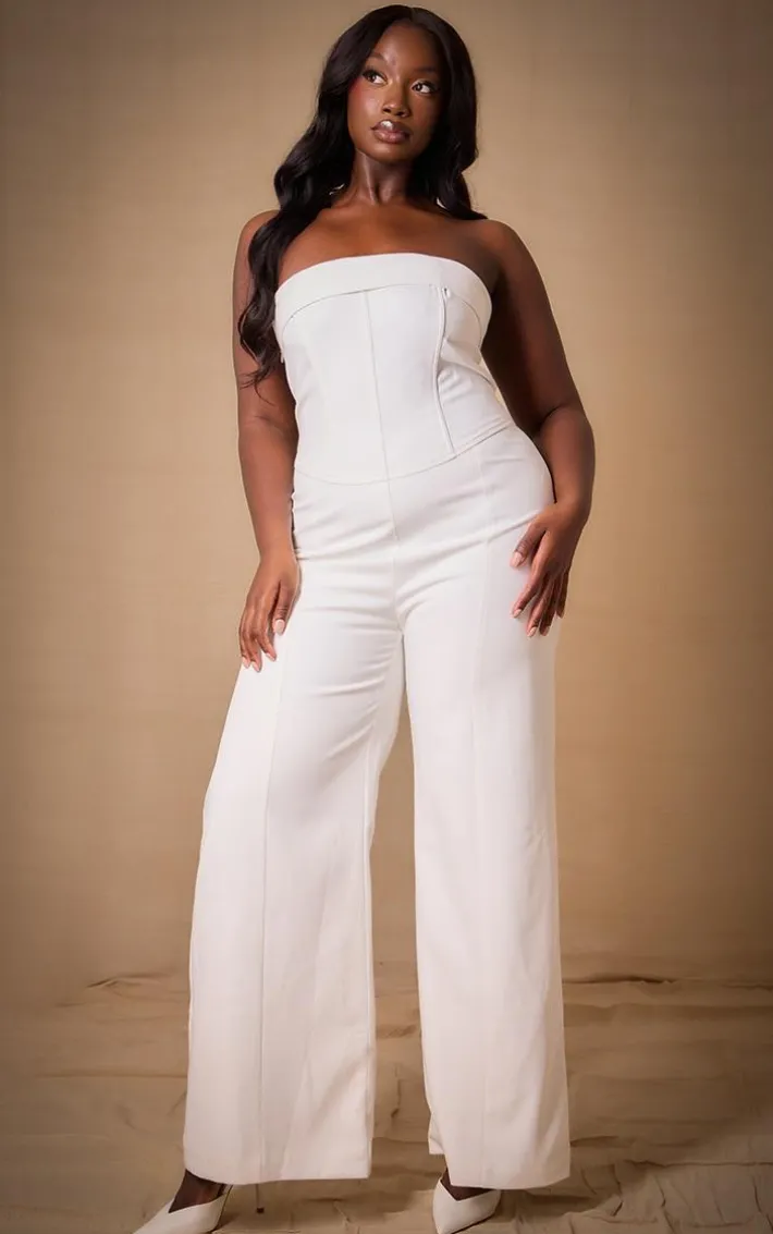 Premium Plus White Woven Bandeau Wide Leg Jumpsuit