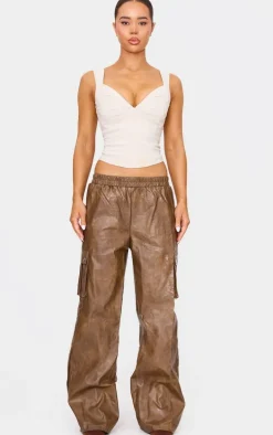 Premium Premium Brown Washed Faux Leather Wide Leg High Waisted Cargo Pant