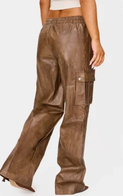 Premium Premium Brown Washed Faux Leather Wide Leg High Waisted Cargo Pant