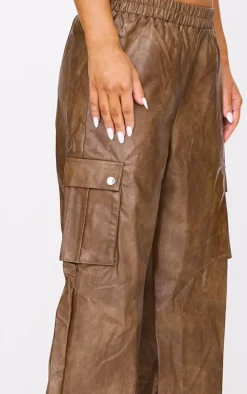 Premium Premium Brown Washed Faux Leather Wide Leg High Waisted Cargo Pant