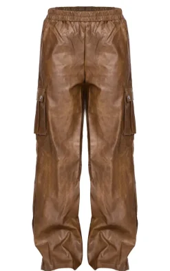 Premium Premium Brown Washed Faux Leather Wide Leg High Waisted Cargo Pant