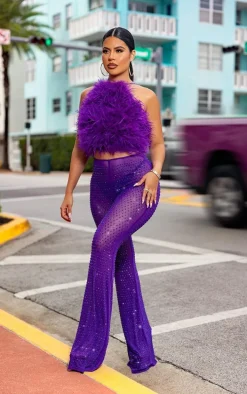 Premium Purple Embellished Mesh Pants