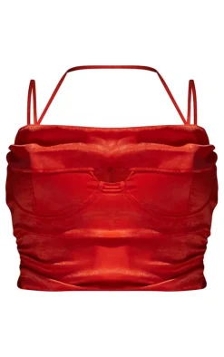 Premium Red Satin Cup Detail Ruched Crop Top