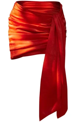 Premium Red Satin Ruched Draped Mini Skirt