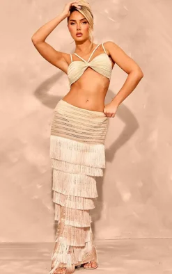 Premium Stone Textured Tassel Trimmed Maxi Skirt