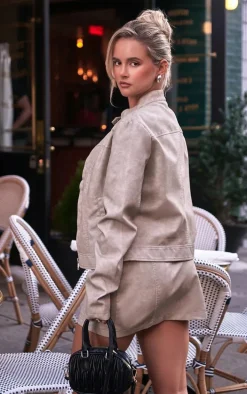 Premium Stone Washed Faux Leather Oversized Seam Detail Jacket