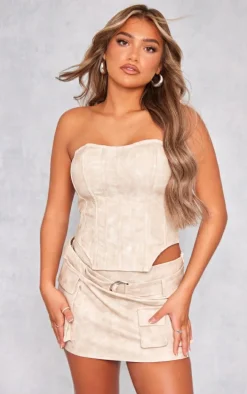 Premium Stone Washed Faux Leather Cargo Bandeau Corset