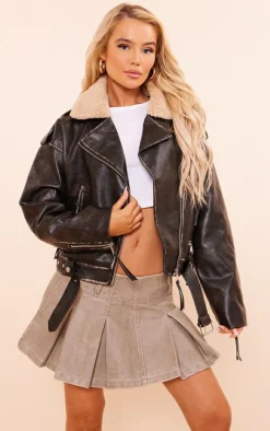 Premium Stone Washed Faux Leather Pleated Micro Mini Skirt