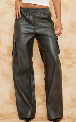 Premium Washed Black Faux Leather Wide Leg High Waisted Cargo Pants