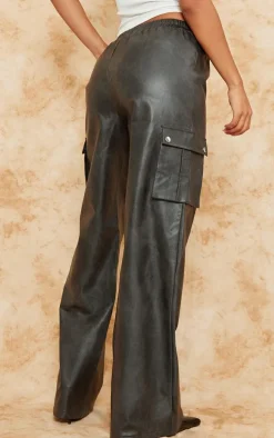 Premium Washed Black Faux Leather Wide Leg High Waisted Cargo Pants