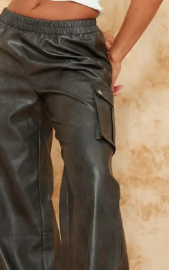 Premium Washed Black Faux Leather Wide Leg High Waisted Cargo Pants