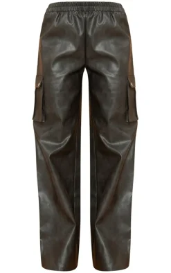 Premium Washed Black Faux Leather Wide Leg High Waisted Cargo Pants