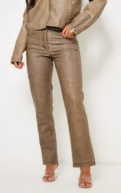 Premium Washed Light Brown Faux Leather Low Rise Straight Leg Pants