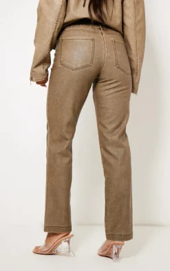 Premium Washed Light Brown Faux Leather Low Rise Straight Leg Pants