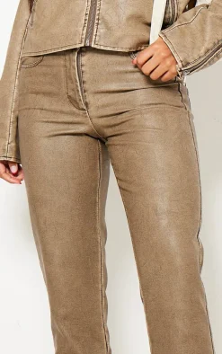 Premium Washed Light Brown Faux Leather Low Rise Straight Leg Pants