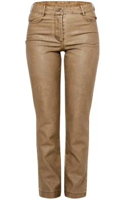 Premium Washed Light Brown Faux Leather Low Rise Straight Leg Pants