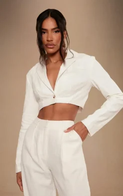 Premium White Linen Look Cropped Blazer