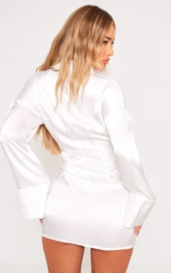 Premium White Satin Bell Sleeve Shirt Dress