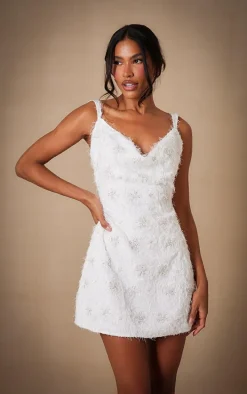 Premium White Sequin Embroidered Cowl Neck Shift Dress