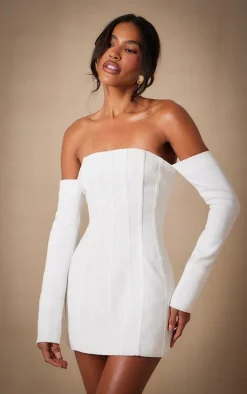 Premium White Woven Bandeau Boned Mini Dress