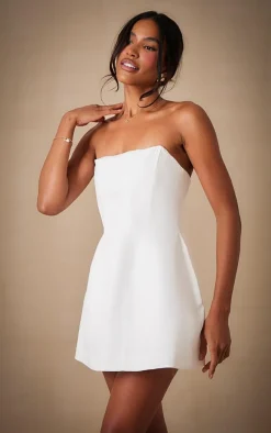 Premium White Woven Boned Bandeau Detail Shift Dress
