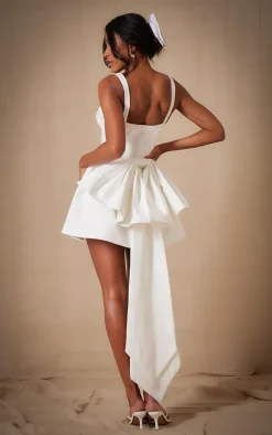 Premium White Woven Bow Detail Mini Dress