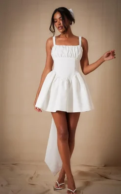 Premium White Woven Bow Detail Mini Dress