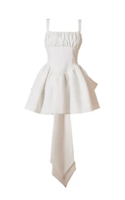 Premium White Woven Bow Detail Mini Dress