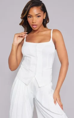 Premium White Woven Button Up Detail Tailored Top