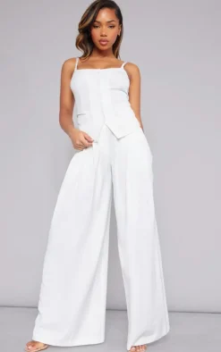 Premium White Woven Button Up Detail Tailored Top