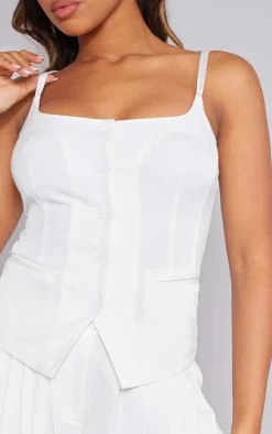 Premium White Woven Button Up Detail Tailored Top