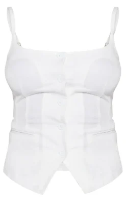 Premium White Woven Button Up Detail Tailored Top