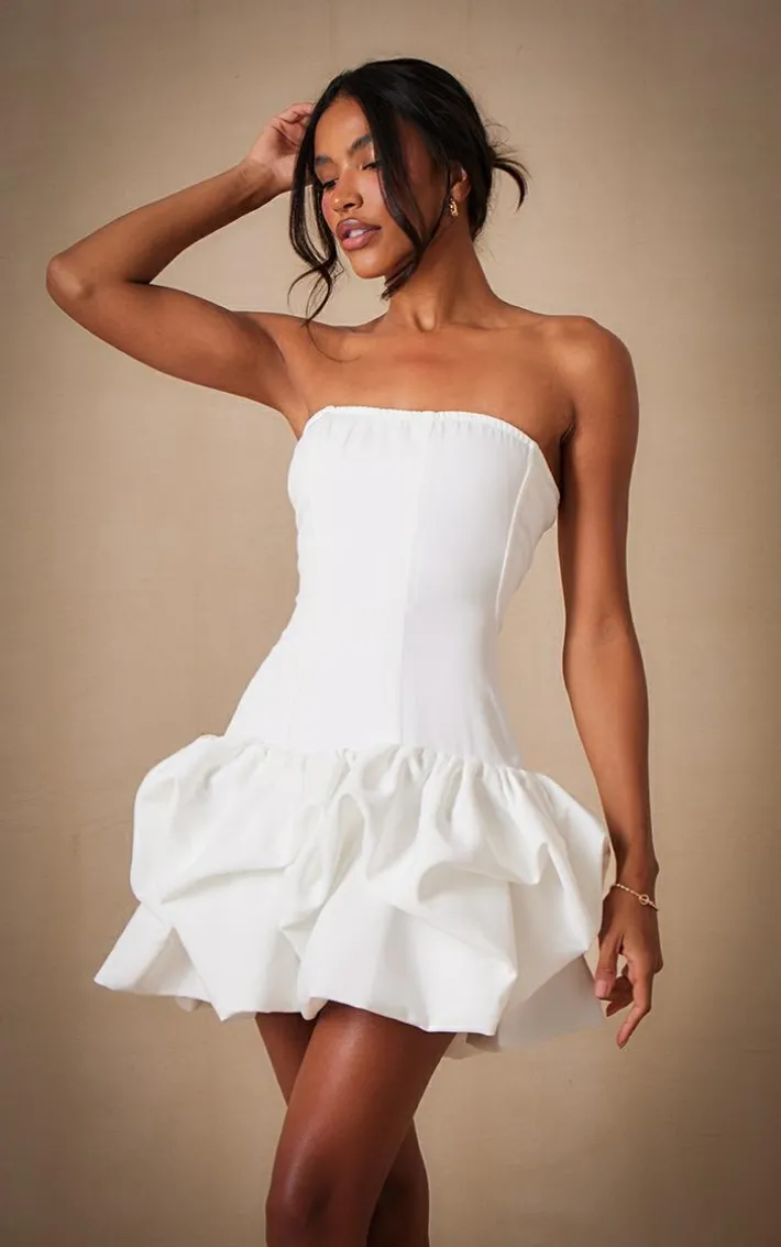 Premium White Woven Corset Puffball Hem Mini Dress