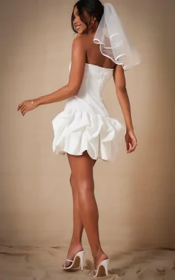 Premium White Woven Corset Puffball Hem Mini Dress