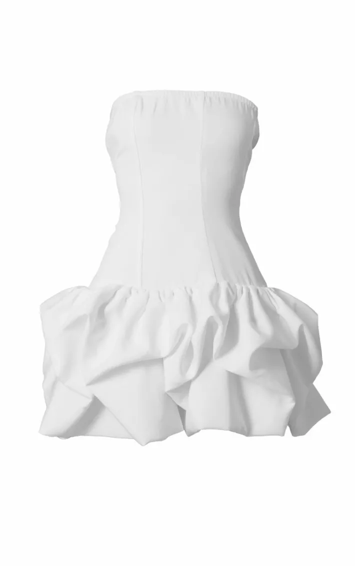 Premium White Woven Corset Puffball Hem Mini Dress