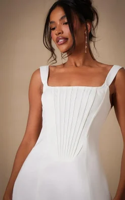 Premium White Woven Square Neck Lace Back Corset Dress