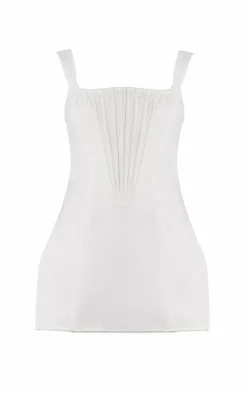 Premium White Woven Square Neck Lace Back Corset Dress