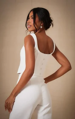 Premium White Woven Square Neck Button Detail Boned Corset Top