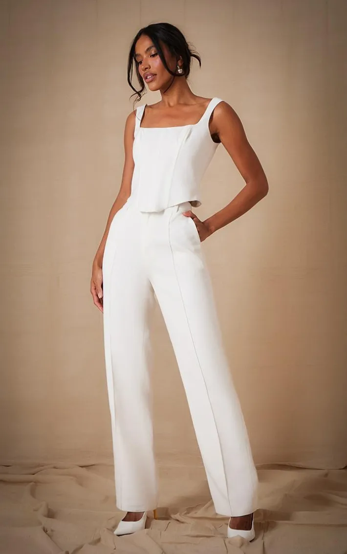 Premium White Woven Square Neck Button Detail Boned Corset Top