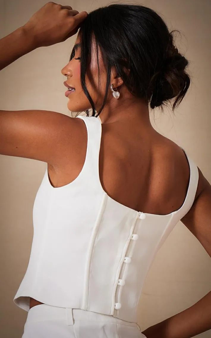 Premium White Woven Square Neck Button Detail Boned Corset Top