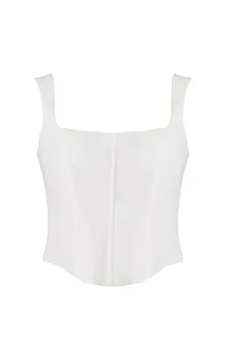 Premium White Woven Square Neck Button Detail Boned Corset Top