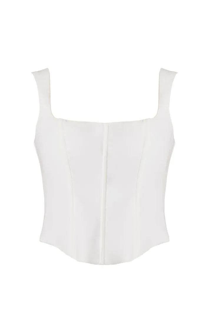 Premium White Woven Square Neck Button Detail Boned Corset Top