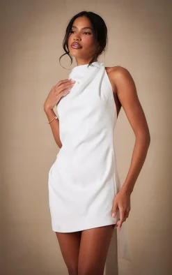 Premium White Woven Tie Halter Neck Dress