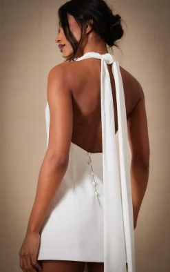 Premium White Woven Tie Halter Neck Dress