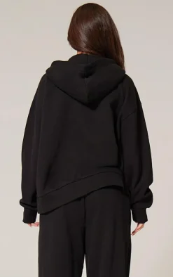 PRETTYLITTLETHING Black Premium Embroidered Zip Front Oversized Hoodie