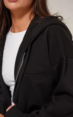 PRETTYLITTLETHING Black Premium Embroidered Zip Front Oversized Hoodie